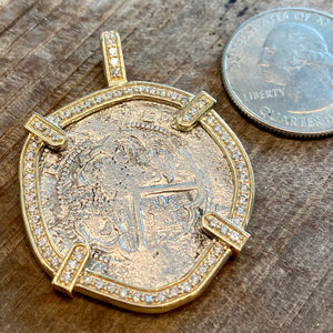 Atocha 1622 Shipwreck - 2 Reales - Early Assayer "B" - Juan Ballesteros - (1577-1586) - Presented in an 18K gold frame with diamonds all around .