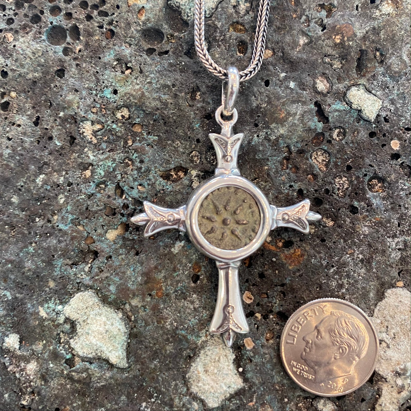 (returned)Widows Mite - 2,000 year old Biblical coin minted in Judea at the time of Christ. - Sterling Silver Cross Mount