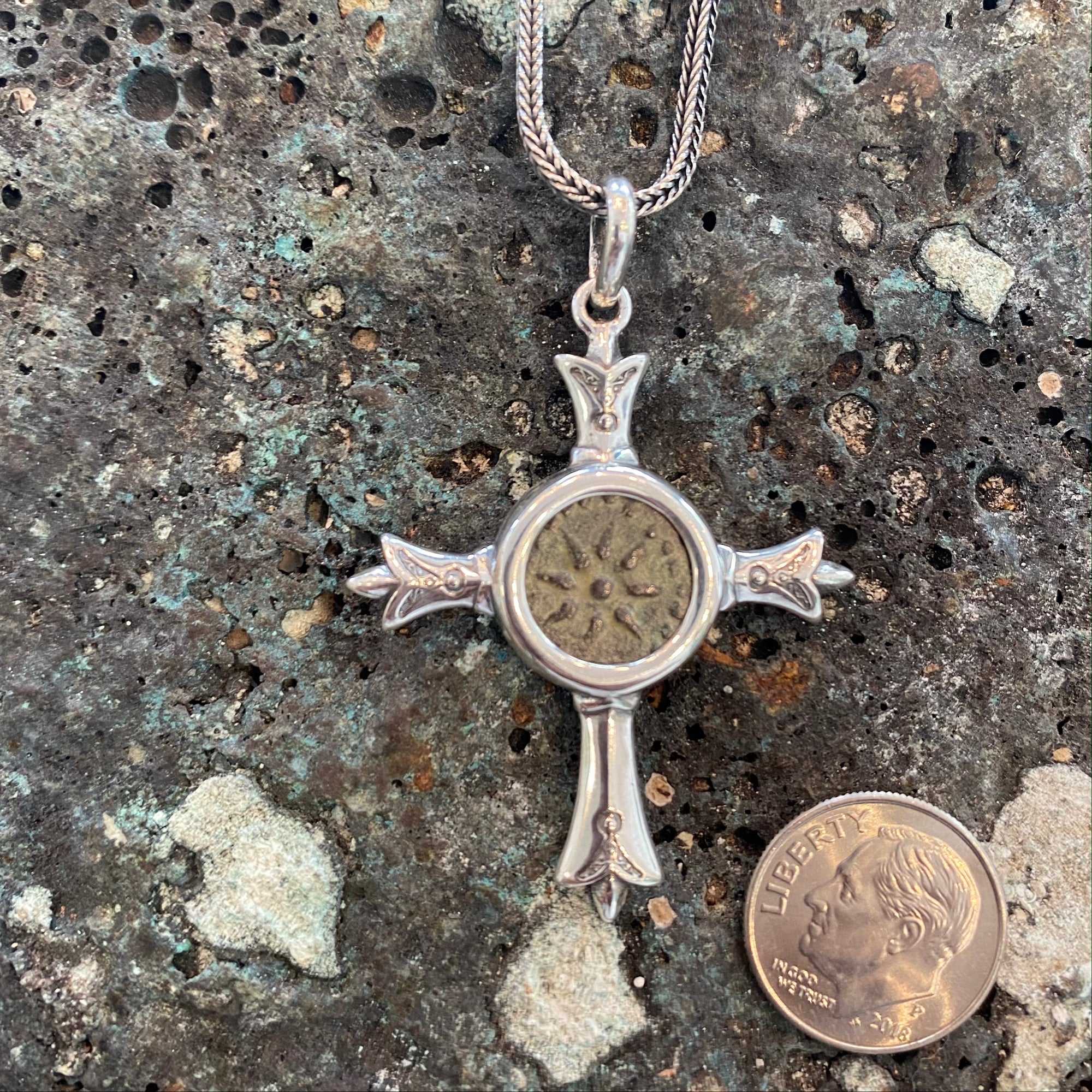 Widows Mite - 2,000 year old Biblical coin minted in Judea at the time of Christ. - Sterling Silver Cross Mount