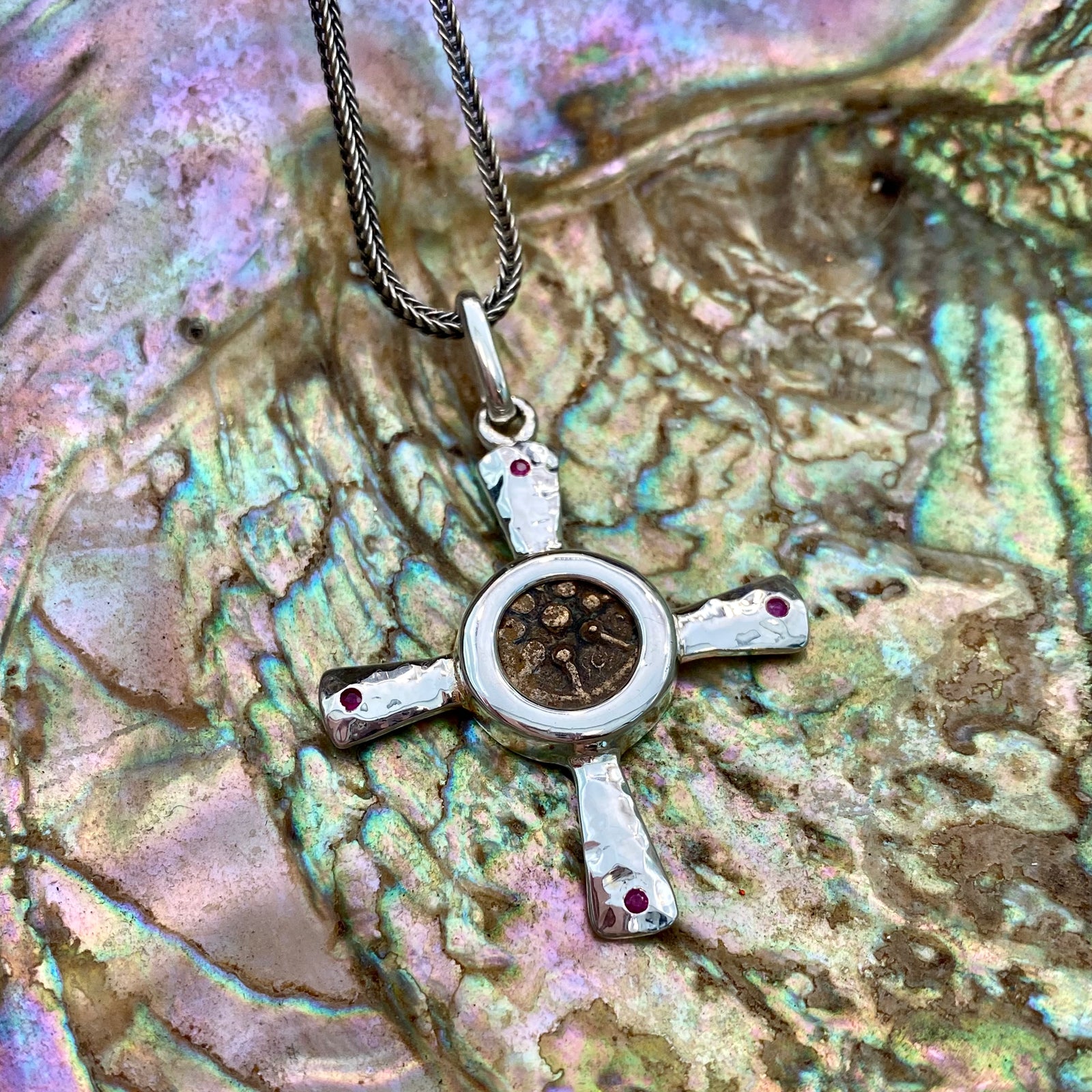 Widows Mite Pendant - Sterling Silver Cross Mount with Ruby accents - Chain included