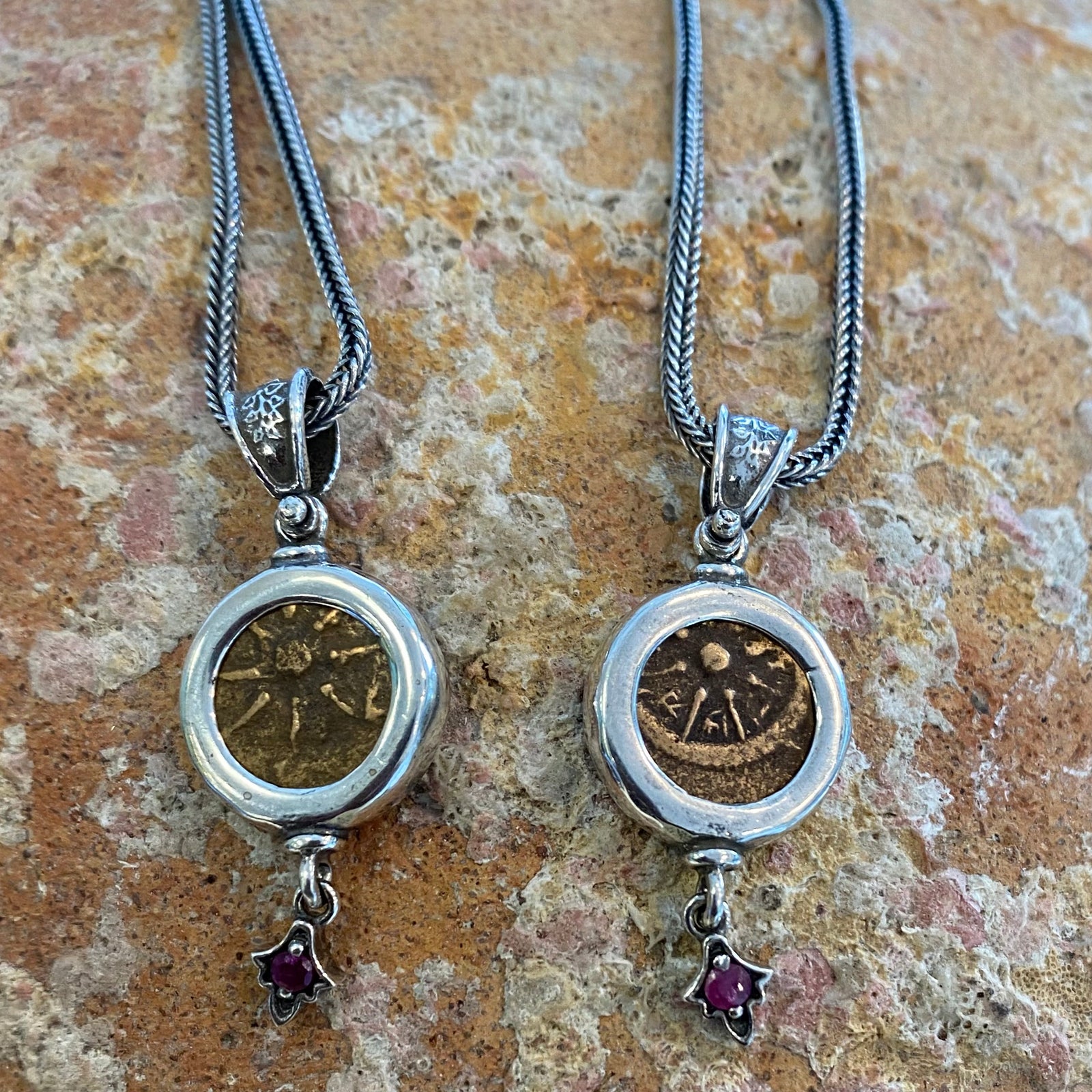 Widows Mite (Coins of the Bible) - Circa (103-76 BC) Sterling Silver Mount , with Drop "Garnet" Gemstone (Sterling chain included)