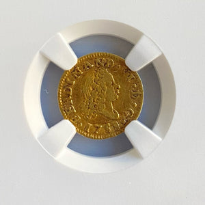 Gold 1/2 Escudo - Mint: Madrid, Spain - Grade NGC AU 53 - Custom mounted in a Sterling ring with an 18K gold bezel.