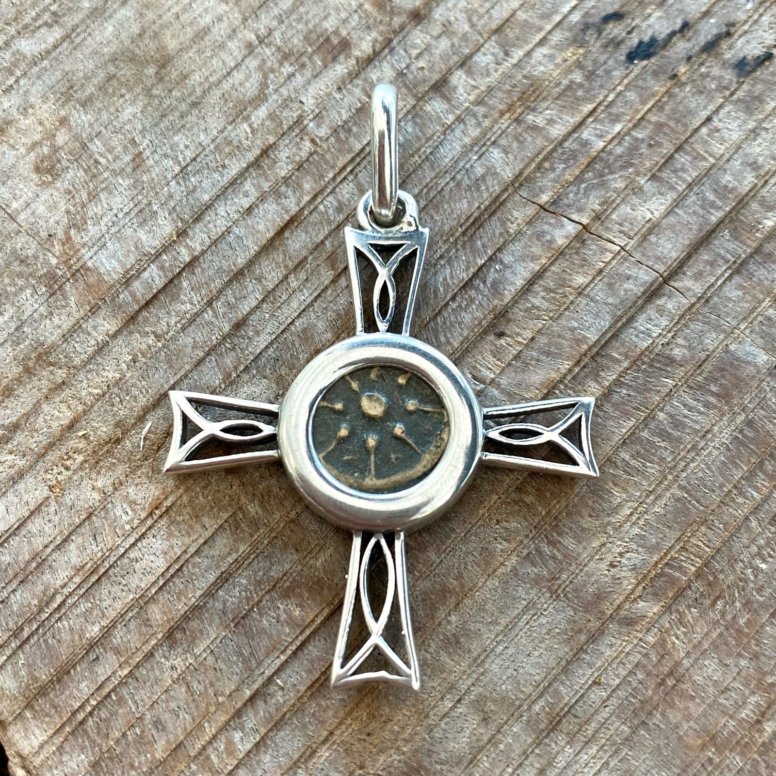 Ancient Widows Mite - Biblical coin minted in Judea -  Mounted in Sterling Silver Cross  (includes chain)
