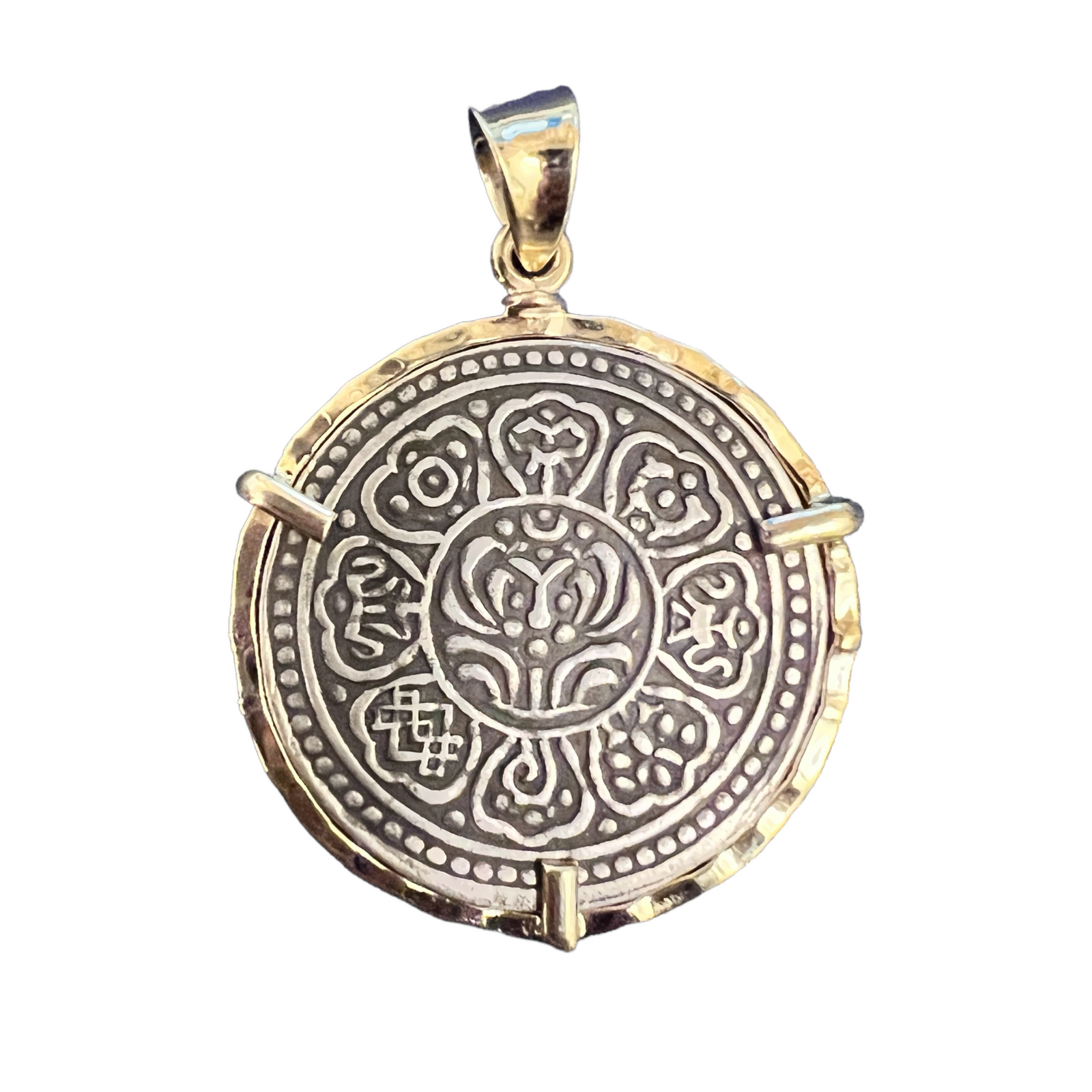 Tibetan Tangka -  Lotus Flower + Buddhist Lucky Symbols - Circa 1850-1948 - (chain included)