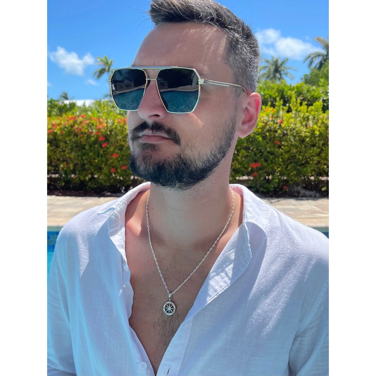 Sterling Compass Rose Pendant w/ Sterling 24" Silver Chain