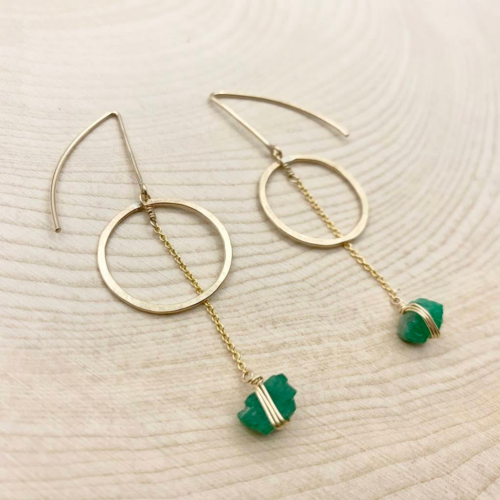 Raw Emerald Crystal 14k Gold Filled Moon Drop Earrings