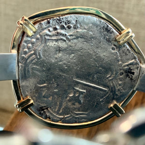 Nuestra Señora de Atocha Shipwreck - 4 Reales - Assayer "B" (Early 1577-1586)) - Potosi Mint - Grade One - Presented in a custom Sterling Silver bracelet with a 14K Gold frame