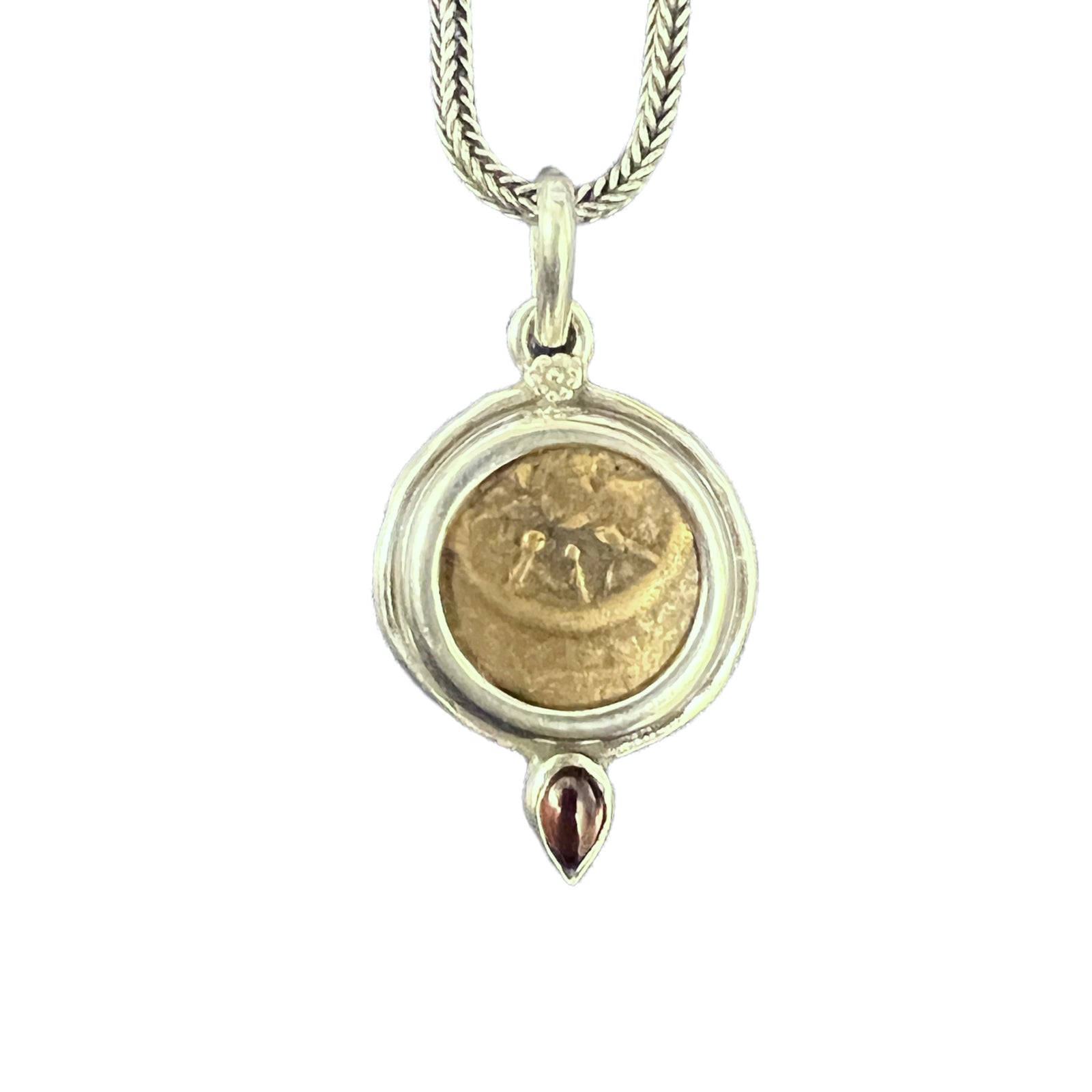 Ancient Widows Mite Coin -  Circa 103-76 BC - Presented in a Sterling Silver mount & Garnet accents