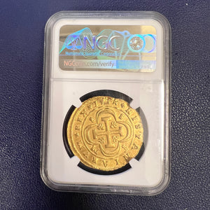 Authentic Spanish Gold Escudos - Dated: 1714 - Minted in Seville, Spain.  Mounted in 18K gold with 1.30 CTW of Sapphires