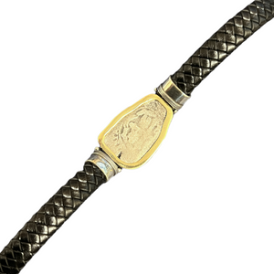 Authentic 1715 Fleet Cob - 4 Reales- Mounted with a 14K frame with Sterling Silver - Presented on a Leather bracelet