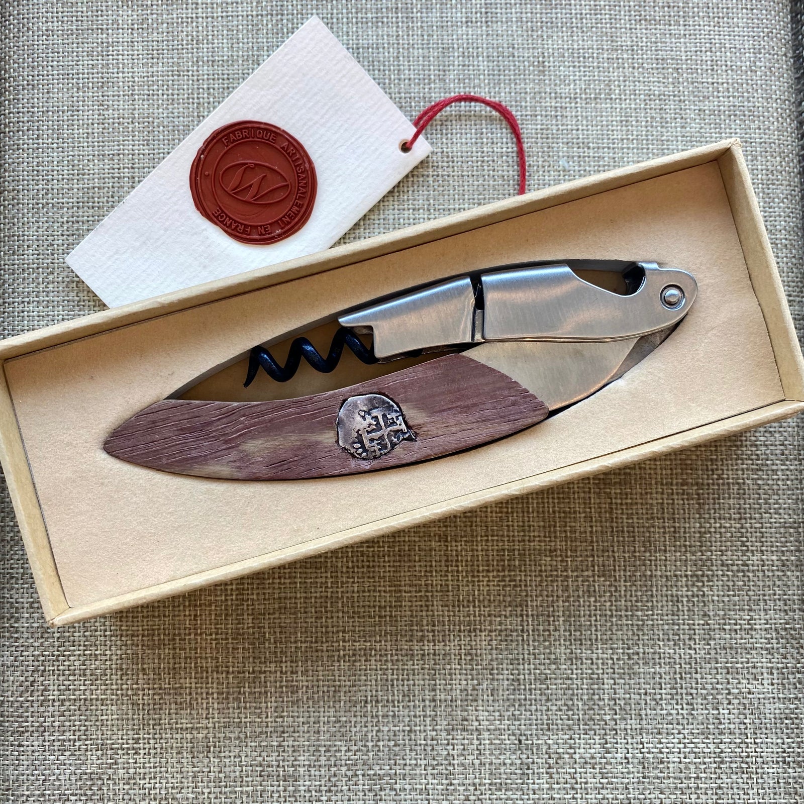 Wine opener/corkscrew “Origine fut de Chene” .  Authentic Spanish Cob inlay.