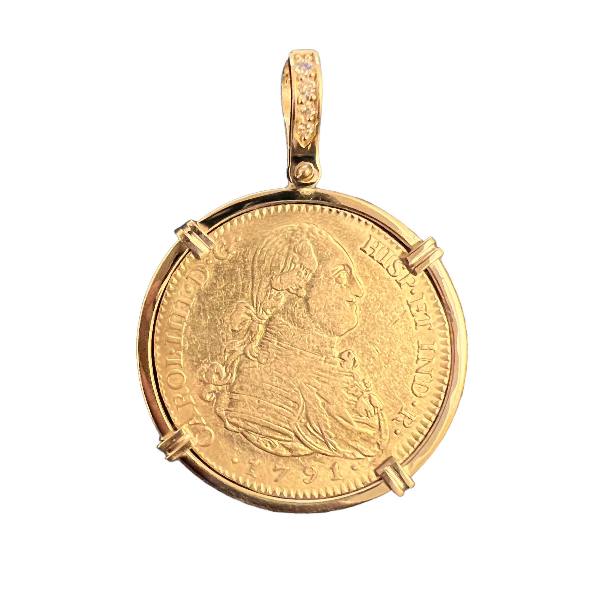 Private collection - Spanish 4 Escudos - Dated: 1791 from the Reign of Charles IV.  Mounted in 18K gold with diamond accents.