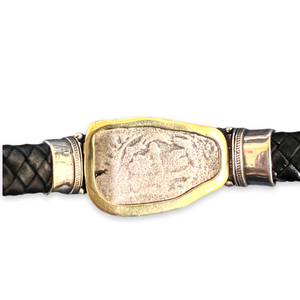 Authentic 1715 Fleet Cob - 4 Reales- Mounted with a 14K frame with Sterling Silver - Presented on a Leather bracelet
