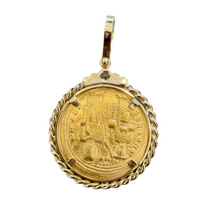 Ancient Byzantine Gold Coin - Romanus III  - Denomination: AV Histamenon - Circa (1028-1034 AD) - Mounted in 18K gold with a diamond on the bale