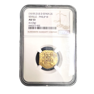 Authentic 2 Escudos Cob - Minted in Seville, Spain - Grade NGC AU 53 - Mounted in 18K gold and accented with a diamond in the bale.